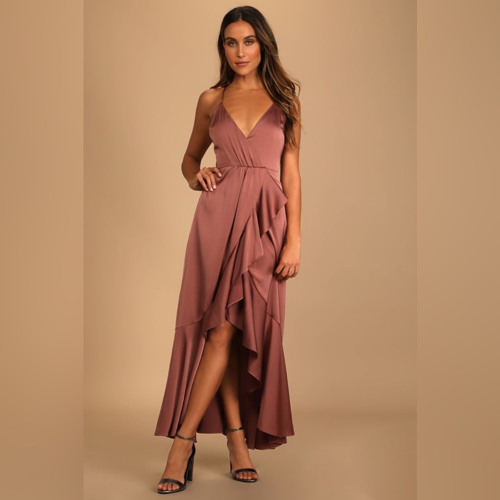 Lulus Enchanted Moments Mauve Pink Satin Ruffle Dress Sz Medium High Low V Neck